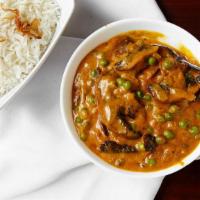 Matar Mushroom · Peas and mushroom curry. Served with basmati rice.