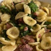 Orecchiette Alla Barese · Little ear pasta, sausages, broccoli rabe, garlic and chile oil