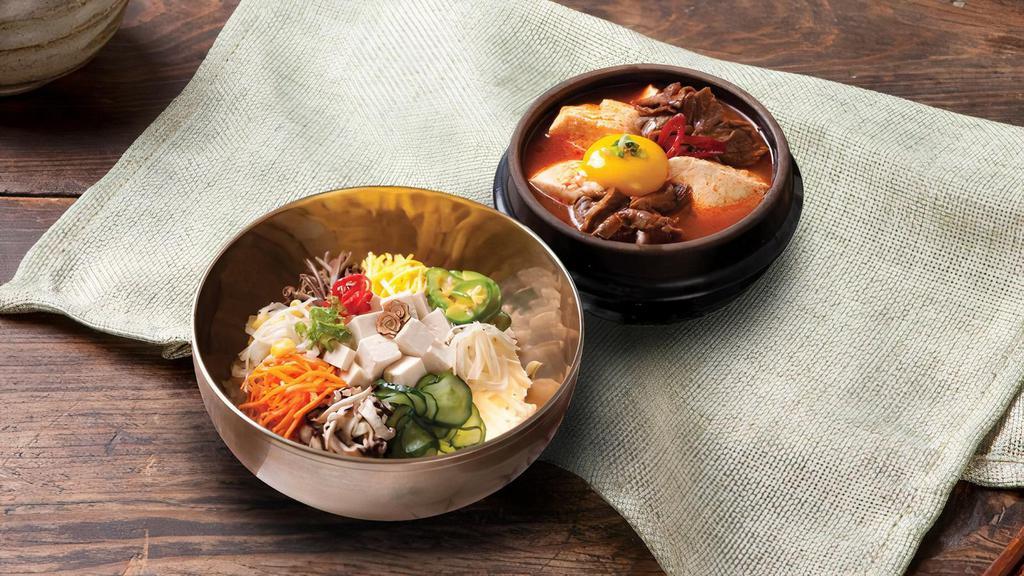 Bibimbap Combo  · Mixed vegetable rice and beef with tofu soup. (Can be made without beef.)