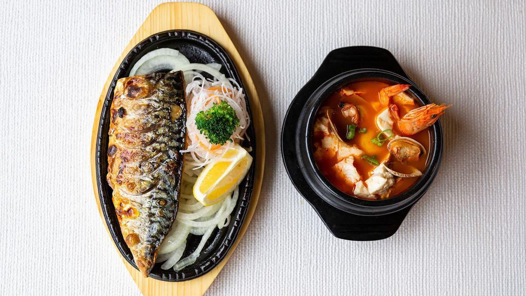 Grilled Mackerel Combo · Grilled mackerel with tofu soup.