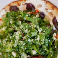 The Green Pitza · Lettuce, Dill, Scallion, Kalamata Olives, Feta Cheese, On A Base Of Our Signature Anthotyro ...