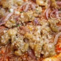 The Moussaka Pitza  · Ground Beef Cooked In Homemade Tomato Sauce With Eggplant, Onions, Light Béchamel And Gravie...