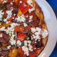 The Spetzofai Pitza  · Greek Pork Sausage With Colored Peppers & Onions In Homemade Tomato Sauce With Drizzled Feta...