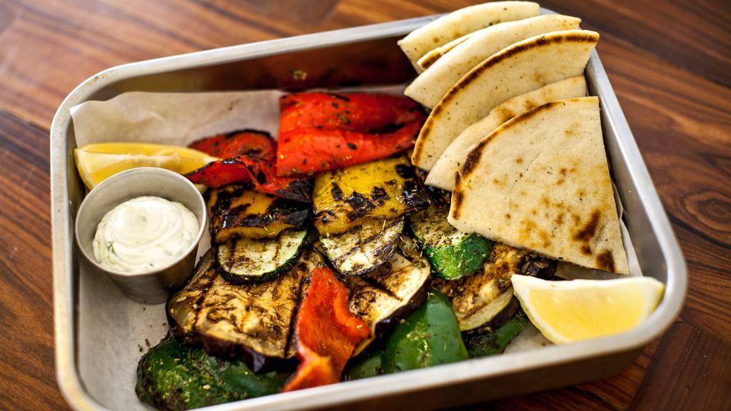 Psita Lachanika (Mixed Grilled Vegetable) · Zucchini, eggplant, colored peppers, olive oil, balsamic vinegar.