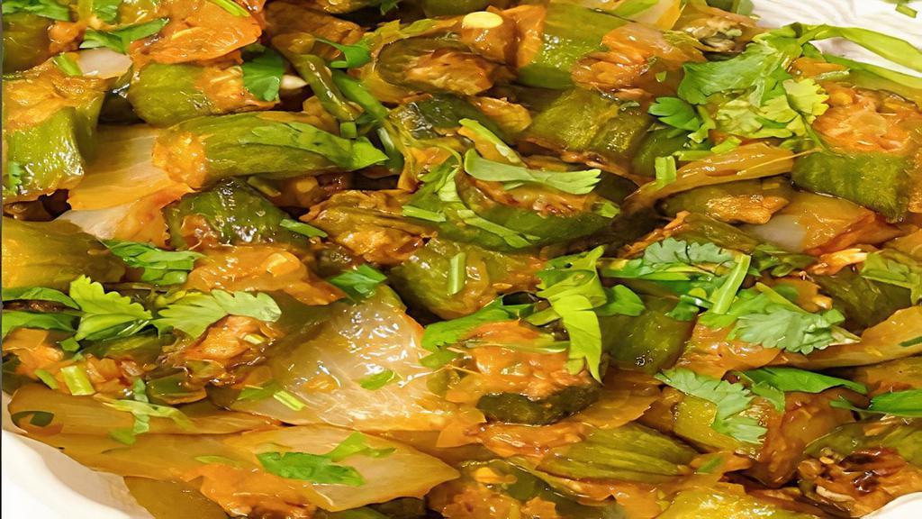 Bhindi Masala · Tender okra cooked with caramelized onions and Gujarati spice.