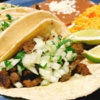 Order Of 3 Tacos With Rice & Beans · soft tacos- Cilantro & onion
hard tacos- lettuce, tomato & cheese