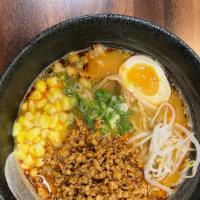 Spicy Chicken Tantan Ramen · Spicy Minced Chicken, Sweet Corn, Bamboo Shoot, Half Boiled Egg, Scallion, Bean Sprout, Spic...