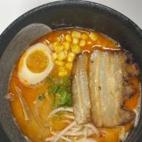 Spicy Miso Ramen · Pork Belly Chashu, Sweet Corn, Bamboo Shoot, Half Boiled Egg, Scallion, Bean Sprout, Spicy P...