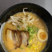 Miso Ramen · Pork belly chashu, sweet corn, bamboo shoot, half boiled egg, scallion, bean sprout, pork br...