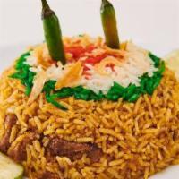 Biryani · Choice of meat cooked with Indian basmati rice and 20 exotic medium and mild spices.