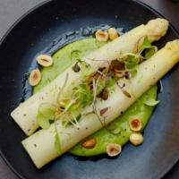 White Asparagus · with jalapeno, coriander vinaigrette, hazelnuts