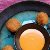 Gooey, Spicy Ham And Cheese Fritters · paprika aioli