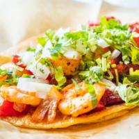 2 Shrimp Taco Dinner · Seasoned and sautéed to perfection with onions and red bell peppers.
