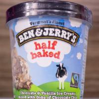 Ben And Jerry’S Half Baked · Chocolate & Vanilla Ice Creams mixed with Gobs of Chocolate Chip Cookie Dough & Fudge Browni...