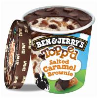 Ben And Jerry’S Topped Salted Caramel Brownie · Vanilla ice cream is topped off with salted caramel & fudgy brownies in this sundae in a pin...