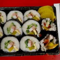 Kimbap  · ham, yellow pickled radish, eggs, cucumbers, imitation crab meat, fishcake, rice, seaweed.
