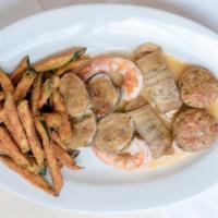 Misto Caldo (For 2) · Baked clams, shrimps, stuffed mushrooms, stuffed eggplant, and fried zucchini.