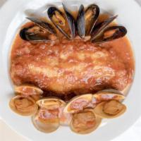 Dentice Marechiaro · Filet of red snapper sautéed with white wine, mussels, clams, and a light tomato sauce.