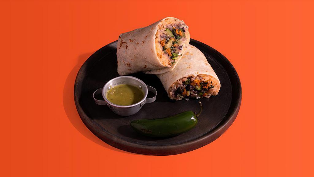 Veggie Banditos Burrito · 12 ” flour tortilla with rice, black beans, shredded lettuce, pico de gallo, sour cream, cheese.