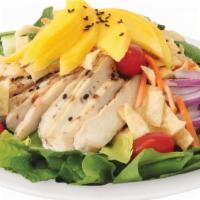 Tropical Crunch Salad · Grilled Chicken, Mango, Romaine, Edamame, Cashew Nut, Red Onions. Contains: Cashew Nut, Soy,...