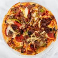 House Special · Sausages, mushrooms, bacon, pepperoni, onions, peppers, mozzarella cheese.