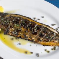 Lavraki · GLUTEN-FREE.Char-grilled Mediterranean whole bronzini with a lemon olive oil sauce. Lean, mo...