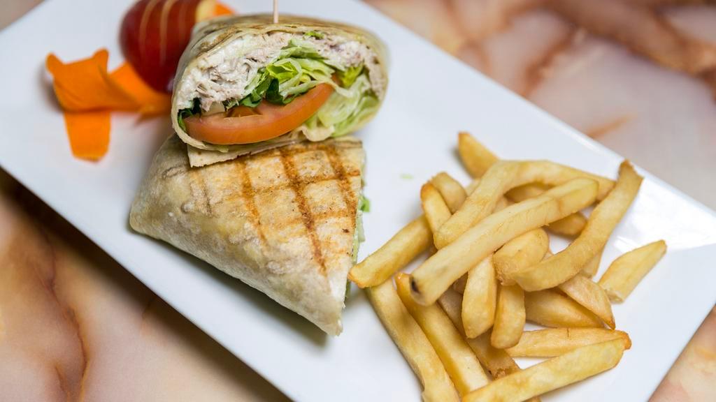 White Albacore Tuna Salad Wrap · Served with diced tomatoes and fresh lettuce, in a plain flour tortilla.