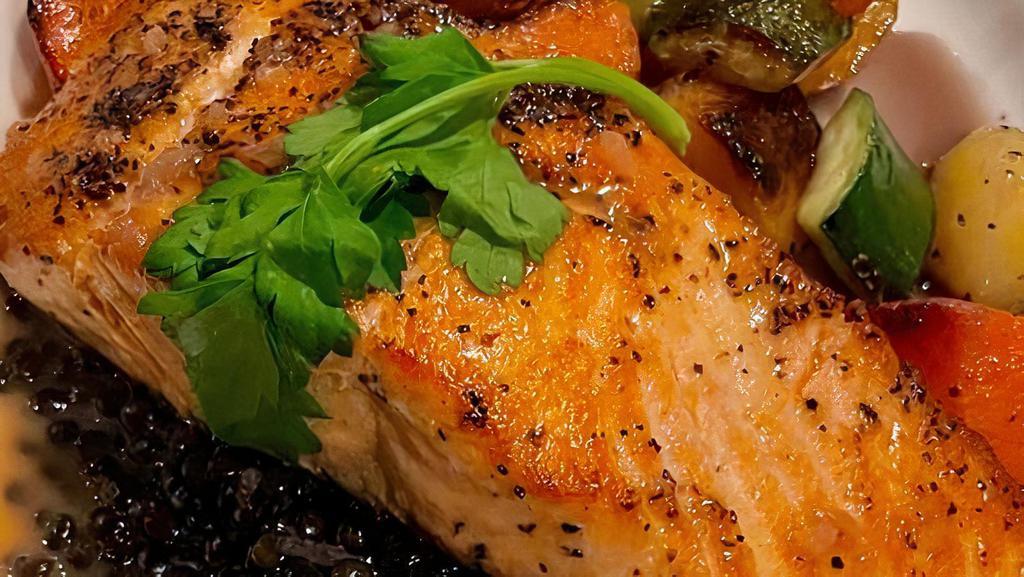Roasted Salmon · Black beluga lentils, roasted vegetables, blood orange sauce