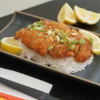 *New* Lemon Chicken · Japanese style fried chicken cutlet on a bed of rice with our house special sweet and tangy ...