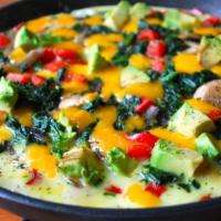 Garden Omelette · 3 eggs, broccoli, tomatoes, spinach, capsicum, mix shredded cheese mushrooms served with sid...