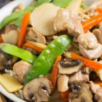 Moo Goo Gai Pan · Sliced chicken sauteed with mushrooms, snow peas water chestnuts in a white sauce.