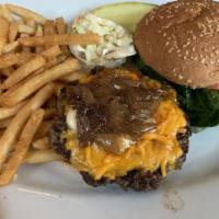 Roxy'S Burger · Eight ounce sirloin burger topped with blue cheese, caramelized onions, and roasted garlic a...
