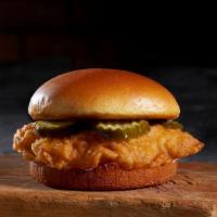 Southern Chicken Sandwich · A 5 oz deep-fried chicken breasts, crunchy pickle chips, and mayonnaise on a potato brioche ...