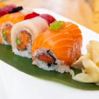 Spicy Girl Roll · Spicy crunchy tuna, salmon, yellowtail, asparagus with tuna, salmon, yellowtail & tobiko on ...