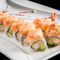 Dragon King Roll · Shrimp tempura and avocado with crunchy lobster salad on top with chef special sauce