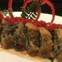 Iron Roll · Hot crusted seaweed wrapped. Tuna, eel, kani, avocado mixed green special sauce