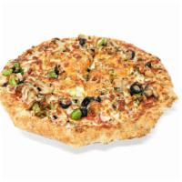 Chicken Fajita Naanizza · Stuffed with blended cheese and topped with chicken fajita, green peppers, olives, onions, g...