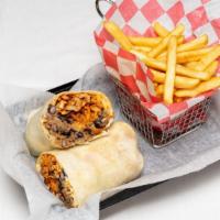 Burrito · Flour tortilla filled with rice, black beans, and cheese. Served with fries, Homemade Hot Sa...