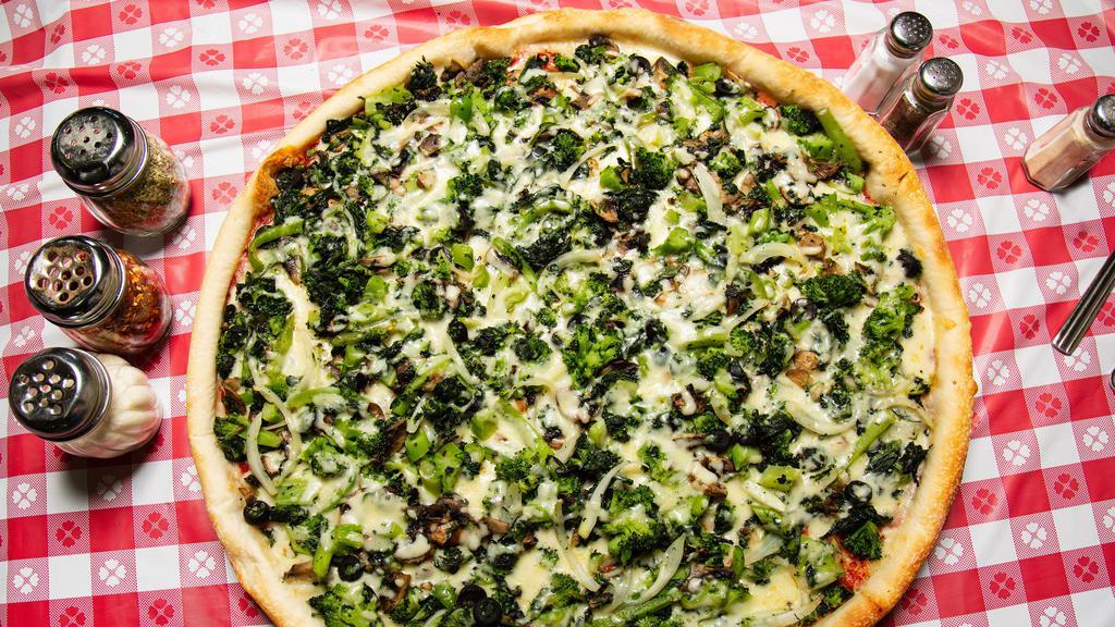 Vegetable Pizza (Slice) · Fresh mushrooms, spinach, broccoli, peppers, onions and black olives.