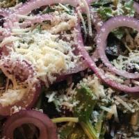 House Salad · Mixed greens, red onions and tomatoes, served with house vinaigrette and topped with parmesan.