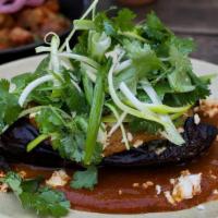 Eggplant & Mole · Guajillo mole, roasted tomatillos, cilantro, feta