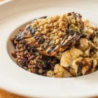 Grilled Baby Eggplant And Farofa · Red rice, lentil, dates, and roasted cauliflower.