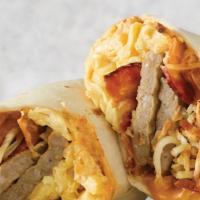 Big Breakfast Burrito · Scrambled eggs, Sausage, Bacon, cheddar cheese, hash browns, jalapeno cream cheese and salsa...