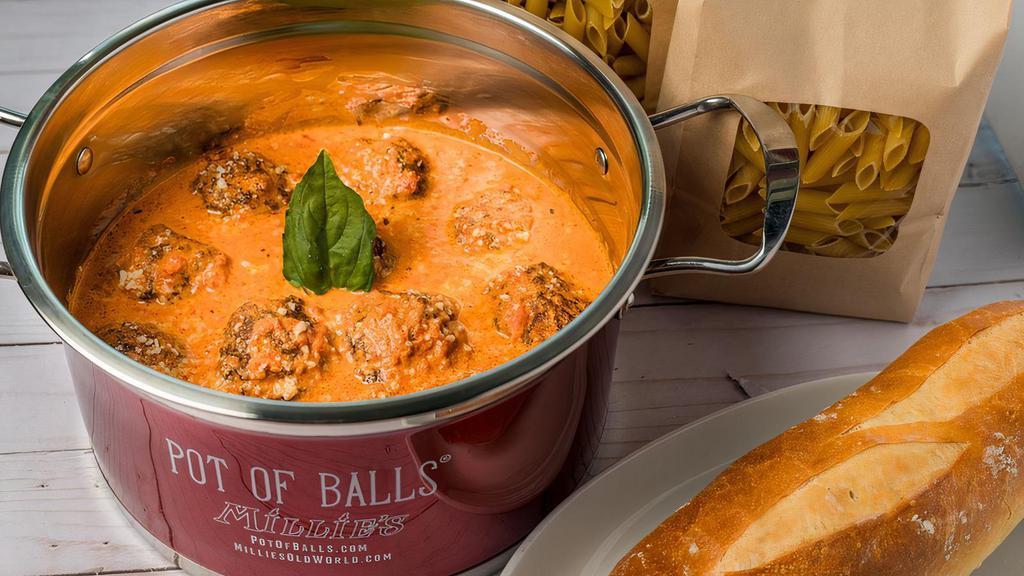 Pot Of Balls Marinara · Meatballs in our millie's pot tilled with marinara sauce and two pounds of dried millie's pasta.  Just reheat in the pot and serve.