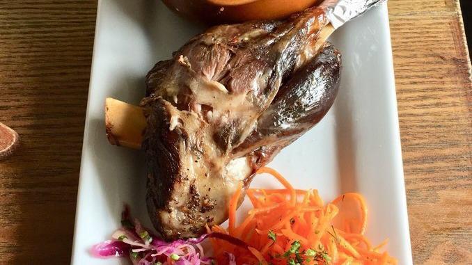 Braised Lamb Shank And Vegetables   · Lamb Shank are slowly simmered in Central Asian style. Served with  Sautée mix Vegetables and organic tomato sauce.