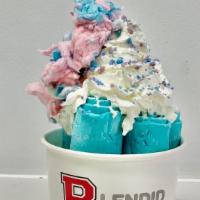 Carnival Remix · Blue Cotton Candy flavored Ice Cream topped with whipped cream, white chocolate drizzle, Cot...