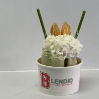 Match Matcha · Matcha flavored Ice Cream topped with whipped
cream, condensed milk, mochi, matcha pocky, an...