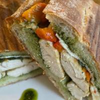 Grilled Chicken Panino · Grilled chicken, roasted peppers, fresh mozzarella & pesto