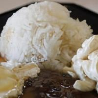 Loco Moco · Fresh ground beef patty sided with egg (over easy), rice, and macaroni salad. Sauced with br...