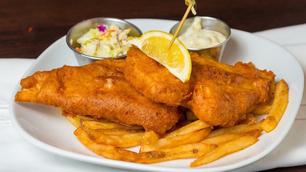 Fish & Chips · Beer battered cod, tartar sauce, fries and coleslaw.